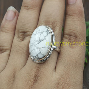 Natural White Howlite Gemstone <b>Ring</b> 925 Sterling Silver Handmade Oval Cabochon Stone <b>Statement</b> Jewelry Boho Vintage Style Women - Product Image 5