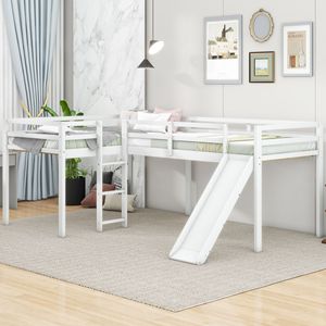 Letto a soppalco a forma di L bianco, singolo, con scaletta e scivolo, mobili per bambini - Product Image 2