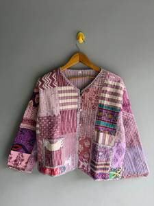Vintage Patchwork Quilted Jacket Cotton Handmade Embroidery V Neck Loose Fit Autumn Wear Unisex gift for her - Product Image 1