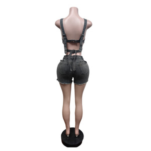 Women's 2 Piece Denim Shorts <b>Set</b> Criss-Cross Top Hollow Out <b>Sexy</b> Club Wear Spring Summer Casual Breathable Fashion Outfit - Product Image 3