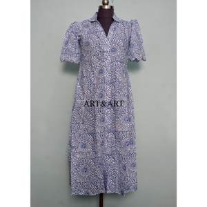 Robe longue trapèze en pur coton pour femme, imprimée à la main motif floral, style décontracté et élégant, idéale pour le quotidien et les fêtes, coupe kangourou, simple et lavable. - Product Image 1