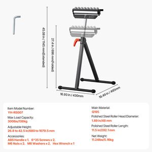 Supporto a Rulli Multidirezionale Lucidato da 11,5 Pollici per Carichi Pesanti, Capacità di Carico 300 lb, Altezza Regolabile, Banco da Lavoro Pieghevole per Falegnameria - Product Image 3