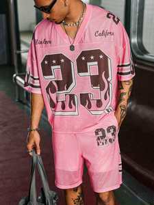 Ensemble de maillots de sport en maille rose personnalisés pour hommes, style streetwear oversize, avec impression de numéro, respirant, ensemble short et maillot, vente en gros OEM - Product Image 3