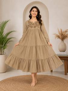 Brown Cotton Embroidered V Neck Loose Fit Midi Abaya Long Sleeve Modest Tiered <b>Ruffle</b> Muslim Women <b>Dress</b> for Prayer Eid Evening - Product Image 5