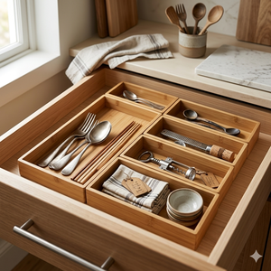 Wooden Bamboo Drawer Organizer Kitchen Storage Box Utens Space Saving Modern Home Kitchen Cabinet <b>Insert</b> Drawer Storage Solution - Product Image 5