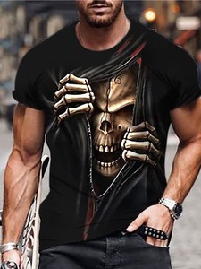 T-shirt à manches courtes col rond unisexe pour homme, tricoté, style décontracté chic, imprimé graphique tête de mort Halloween, sans avis pour le moment - Product Image 1