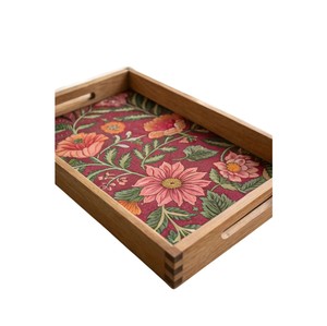 Plateau de service rectangulaire en bois avec intérieur émaillé, décor floral, plateau alimentaire décoratif pour la cuisine, le salon et le petit-déjeuner - Product Image 1