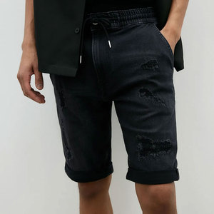 Shorts en jean déchiré slim fit pour homme, taille à cordon, style décontracté en coton, noir - Product Image 5