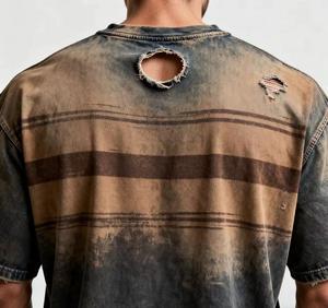เสื้อยืดโอเวอร์ไซส์ผ้าฝ้ายเนื้อหนาฟอกสีซีดสไตล์วินเทจ ขอบเสื้อฉีกขาด สตรีทแวร์กรันจ์  โลโก้สั่งทำได้ ยูนิเซ็กส์ ลำลอง พรีเมียม - Product Image 2