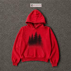 Sudadera con Capucha Roja Extra Grande Personalizada con Gráfico de Árbol del Bosque Negro, Estilo Vintage Desgastado, Sudadera de Moda Urbana para Hombre - Product Image 5