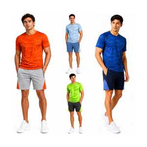 Ensemble t-shirt et short sport pour homme, couleurs contrastées, séchage rapide, polyester tricoté, tenue décontractée d'été, deux pièces - Product Image 1