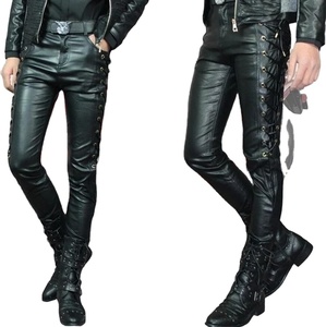 <b>Men's</b> Black Thick <b>Leather</b> Side Laces up Jeans Style Long Pant Motorcycle <b>Leather</b> <b>Trousers</b> <b>Leather</b> Motorcycle Pants - Product Image 1
