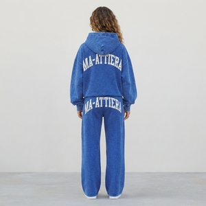 Conjunto de Sudadera Oversize Azul Lavado Personalizado y Pantalones Anchos de Felpa para Mujer, Chándal de Algodón Estilo Urbano OEM ODM - Product Image 2