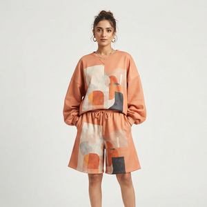 Ensemble de survêtement court en polaire respirant pour femme, col rond, manches longues, coupe ample, short à cordon de serrage, tenue décontractée pour l'hiver - Product Image 6