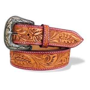 Top Quality Wholesale Supply Tan Premium Western Leather <b>Tooling</b> Belt for Men and Women Floral <b>Engraved</b> antique Brass Buckle Set - Product Image 3