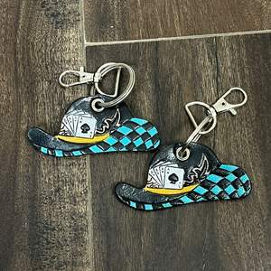 Porte-clés en cuir de vachette façonné à la main style western, motif chapeau et cartes à jouer, design carreaux Rodeo, cadeau souvenir en gros - Product Image 4