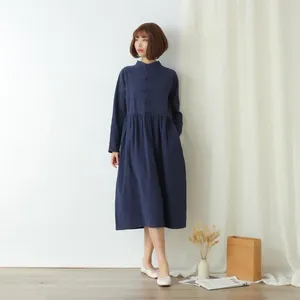 Women's Casual <b>Boho</b> Cotton Maxi <b>Dress</b> Solid Color <b>Long</b> Sleeve Chinese Style Stand Collar Pleated <b>Dress</b> - Product Image 4