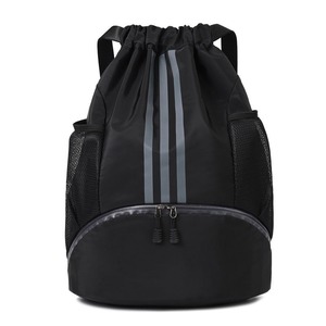 Unisex <b>Black</b> Drawstring <b>Backpack</b> With Mesh Side Pockets And Zippered Bottom Compartment For Outdoor Sports Casual Use - Product Image 1