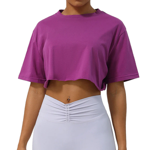 Women's Cropped T-Shirt Short Sleeve Crew Neck Solid Color Loose Fit Casual Top 100% Cotton Spring Summer Wear - Product Image 3