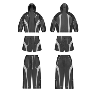 Unisex <b>Black</b> Sporty Tracksuit Set Full Sleeve Zipper Jacket <b>Pants</b> Shorts Quick Dry Polyester Autumn Wear - Product Image 3