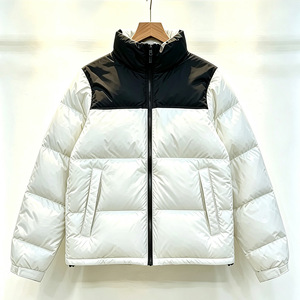 Unisex <b>White</b> Black Color Blocking <b>Puffer</b> <b>Jacket</b> Stand Collar Zipper Closure Windproof Thick Polyester Winter Outerwear Casual - Product Image 1