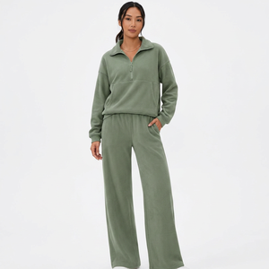 Conjunto Deportivo Verde para Mujer con Cierre de Cremallera a la Mitad, Pantalones Anchos de Pierna Larga, Corte Holgado Informal, 100% Algodón, Ropa de Otoño - Product Image 3