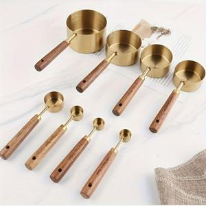60ml Capacity Metal Measuring Cups & Spoons Sets <b>Gold</b> Color With Wooden Handles <b>Kitchen</b> <b>Accessory</b> Supplies Custom Logo Printing - Product Image 4