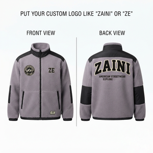 Mens Polar Fleece <b>Jacket</b> 320 GSM Premium Polyester Sherpa Fabric Grey Black Contrast Panel Custom Embroidery Logo OEM ODM - Product Image 1