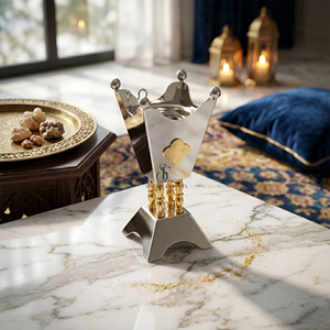 Quemador de incienso de metal de lujo con baño de plata y oro, soporte para incienso Crown Oud para decoración del hogar y Ramadán, incensario árabe premium. - Product Image 5
