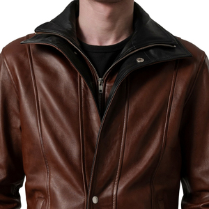 Chaqueta de cuero genuino marrón para hombre con cierre de cremallera, cuello vuelto, estilo casual regular para otoño. - Product Image 6