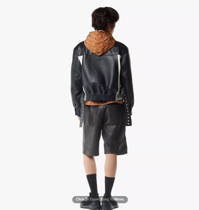 Men's Black <b>White</b> Color Block <b>Leather</b> Breathable Windproof Moto Jacket Embossed Logo Belted Zipper Closure Stand Collar Slim Fit - Product Image 4