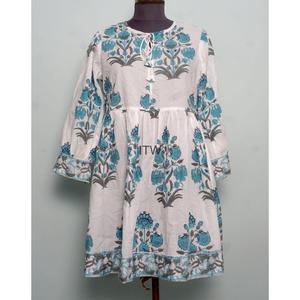 Vestido Mini de Algodón 100% Puro para Mujer, Estampado Floral Azul, Manga Larga, Cuello Redondo, Estilo Boho Casual de Verano, Corte en A - Product Image 1