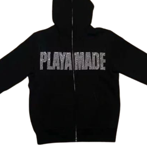 Sweat à capuche noir personnalisé avec logo en strass, 100% coton, streetwear oversize d'hiver pour hommes et femmes - Product Image 5