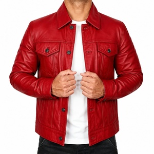 Unisex <b>Red</b> Genuine <b>Leather</b> <b>Jacket</b> Stand Collar Single Breasted Casual Slim Fit Winter Regular Sleeve Solid Color Front Windproof - Product Image 2