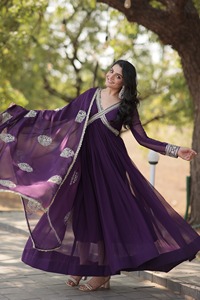 Women Faux Blooming Gown with Embroidery Zari Sequence Work Anarkali gowns for Indian and Pakistani <b>Wedding</b> Wear Low Price Gowns - Product Image 2