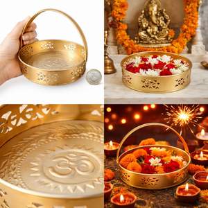 Cesta de Metal para Pooja con Asa, Dalia Dorada para Templo, Hogar, Mandir, Ofrenda Tradicional de Flores y Prasad - Product Image 4