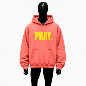 Sudadera con capucha extragrande rosa coral con estampado gráfico de oración y letras amarillas, estilo urbano, unisex, informal, para hombre - Product Image 1
