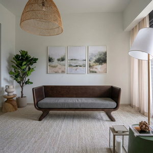 Midcentury Modern Curved <b>Wooden</b> <b>Sofa</b> Set Three Seat Upholstered Fabric Armless Tight Back Foam Solid Oak <b>Legs</b> Living Room - Product Image 1