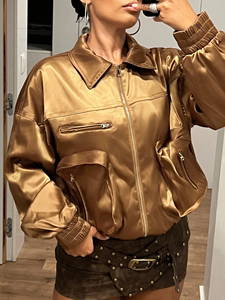 Chaqueta Bomber Dorada Metálica Satinada para Mujer, Chaqueta de Salida con Cuello Grande y Brillo Líquido, Personalizada - Product Image 5