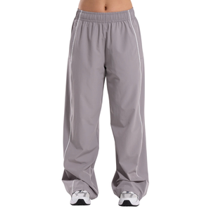 Women's Light Gray Track Pants with Contrast Side Piping Relaxed Fit Elastic Waist Wide Leg Casual Gym Workout Training Sports - Product Image 1