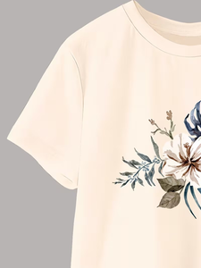 Beige Girls Casual 2Pcs Set Short Sleeve T-Shirt Print Solid Color <b>Elastic</b> Waist Shorts Comfortable Pajamas Summer Outfit - Product Image 5