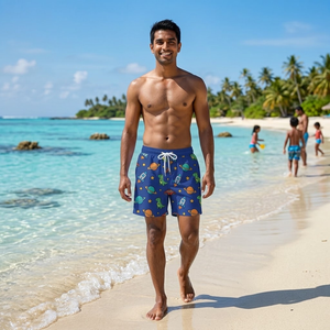 <b>Men's</b> Blue Lemon Print Swim <b>Shorts</b> Quick Dry Drawstring Elastic Waist Casual Beach Trunks - Product Image 2