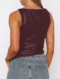 Camisetas deportivas cortas de punto acanalado para mujer al por mayor, camisola con cuello cuadrado, tirantes finos, top casual para gimnasio y fitness - Product Image 3