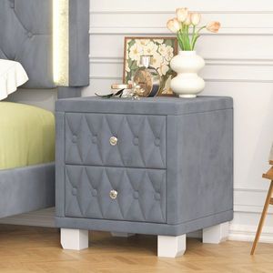 Elegant Grey Button Tufted Nightstand with <b>2</b> <b>Drawers</b> and Crystal Handle <b>Storage</b> Bedside Table - Product Image 3