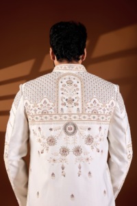 Off White Divine Touch Base Ethereal Garden Sherwani Diamond Lattice Grid 3D Solar Medallion Groom Coat - Product Image 5