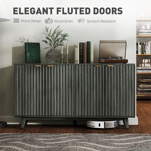 Credenza/Bar da Caffè a 4 Ante Grigio Anticato da 55 Pollici con Scanalature, 2 Ripiani Regolabili e 5 Gambe in Legno, Stile Rustico/Country - Product Image 4