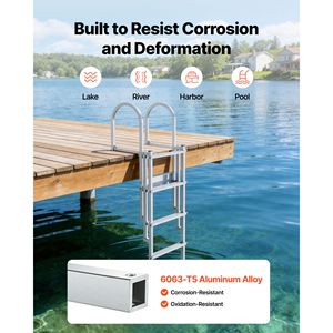 Échelle de pont rétractable en alliage d'aluminium à 5 marches pour bateau ponton, flotteur de levage automatique, marches larges antidérapantes, capacité 500 lbs, pièces et accessoires - Product Image 6