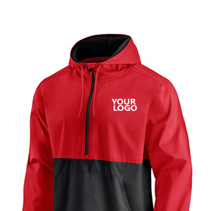 Red <b>Black</b> Color Blocked Hooded Soft Shell Jacket Quarter-Zip Water Resistant <b>Windbreaker</b> with Logo Front Pocket Adult Unisex - Product Image 4