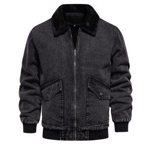 <b>Men</b> Denim Bomber <b>Jacket</b> Winter Casual Faux <b>Fur</b> Lined Zipper Front Pocket Thick Washed Style Streetwear Outerwear - Product Image 4