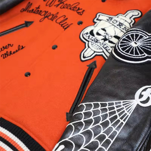 Men's Orange PU Leather Varsity <b>Jacket</b> <b>Punk</b> Style Skull Patch Embroidery Turn-down Collar Regular Fit Autumn Wear Custom LOGO - Product Image 3